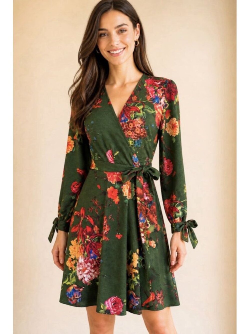 Eva Franco Floral Wrap Dress XSP Petite Green Long Sleeve Balloon Boho Dahlia